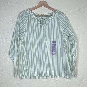 Nine West Stripe Tie Neck Blouse Casual Beach Women Green White Cotton Small NWT